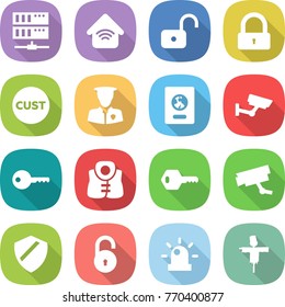 flat vector icon set - server vector, wireless home, unlock, lock, customs, security man, passport, surveillance, key, life vest, camera, shield, siren, scarecrow