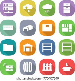 flat vector icon set - server vector, cloud service, wireless, archive, bunker, warehouse, package box, consolidated cargo, documents, rack, barrel, grain elevator