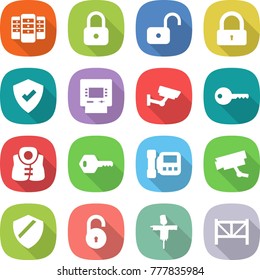 flat vector icon set - server vector, lock, unlock, protected, atm, surveillance, key, life vest, intercome, camera, shield, scarecrow, farm fence