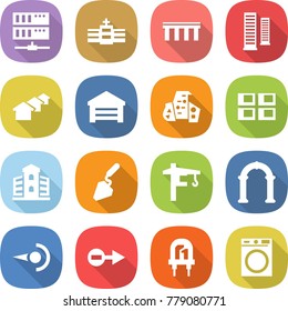 flat vector icon set - server vector, hospital, bridge, skyscrapers, houses, garage, modern architecture, panel house, building, construction, tower crane, arch, photon, electron, led