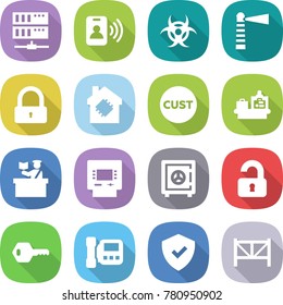 flat vector icon set - server vector, pass card, biohazard, lighthouse, lock, smart house, customs, baggage checking, inspector, atm, safe, unlocked, key, intercome, shield, farm fence