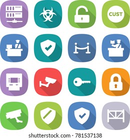 flat vector icon set - server vector, biohazard, unlock, customs, control, protected, vip fence, inspector, atm, surveillance, key, locked, camera, shield, farm