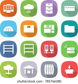 flat vector icon set - server vector, cloud wireless, archive, bunker, hangare, package box, consolidated cargo, documents, rack, warehouse, barrel