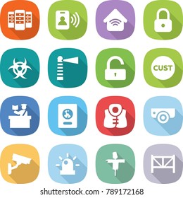 flat vector icon set - server vector, pass card, wireless home, lock, biohazard, lighthouse, unlock, customs, inspector, passport, life vest, surveillance camera, siren, scarecrow, farm fence