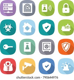 flat vector icon set - server vector, fingerprint, pass card, lock, biohazard, smart house, protected, baggage checking, key, identity, safe, shield, life vest, surveillance camera, siren