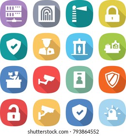 flat vector icon set - server vector, fingerprint, lighthouse, lock, protected, security man, detector, baggage checking, inspector, surveillance, identity card, shield, unlocked, camera, siren