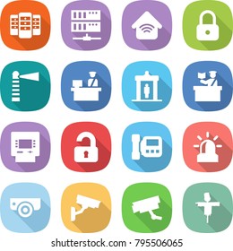flat vector icon set - server vector, wireless home, lock, lighthouse, customs control, detector, inspector, atm, unlocked, intercome, alarm, surveillance camera, scarecrow