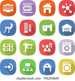flat vector icon set - server vector, nano tube, home, virus, greate wall, skyscrapers, slum, garage, panel house, tower crane, architector, washing machine, photon, hierarchy, barn