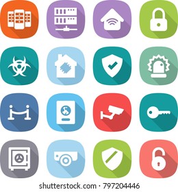 flat vector icon set - server vector, wireless home, lock, biohazard, smart house, protected, alarm, vip fence, passport, surveillance, key, safe, camera, shield, unlock
