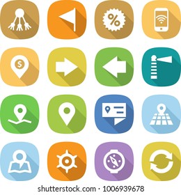 flat vector icon set - share vector, flag, percent, phone wireless, dollar pin, right arrow, left, lighthouse, geo, location details, map, handwheel, compass, reload
