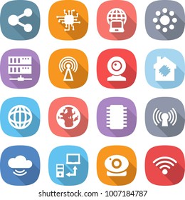 flat vector icon set - share vector, chip, notebook globe, round around, server, antenna, web cam, smart house, cloud service, data transfer, camera, wireless