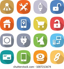 flat vector icon set - share vector, pencil wrench, smart watch, unlock, home, mobile location, cart, unlocked, ring button, plug, satellite antenna, data transfer, envelope, phone, web camera, link