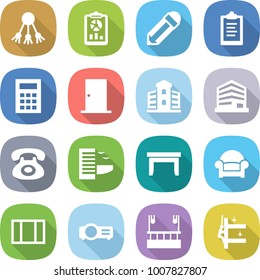 flat vector icon set - share vector, report, pencil, clipboard, calculator, door, building, office, phone, hotel, table, armchair, window, projector, skysrcapers cleaning, skyscrapers