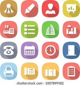 flat vector icon set - share vector, marker, woman, presentation, store, list, skyscraper, city, phone, calendar, watch, door, printer, office, clean window, clipboard
