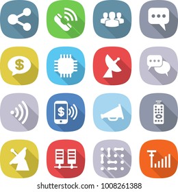 flat vector icon set - share vector, call, group, message, money, chip, satellite antenna, discussion, wireless, phone pay, loudspeaker, remote control, server, circuit, signal