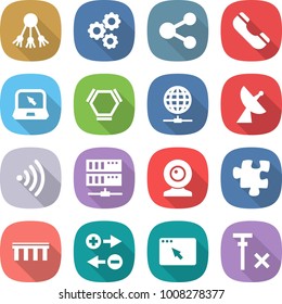 flat vector icon set - share vector, gear, phone, notebook, hex molecule, globe connect, satellite antenna, wireless, server, web cam, puzzle, bridge, charge particle, browser window, no signal