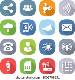 flat vector icon set - share vector, group, satellite, wireless, cloud, phone pay, loudspeaker, mail, support manager, antenna, remote control, sim card, router, circuit
