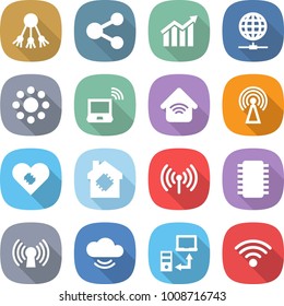 flat vector icon set - share vector, diagram, globe connect, round around, notebook wireless, home, antenna, pacemaker, smart house, chip, cloud service, data transfer