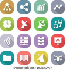 flat vector icon set - share vector, diagram, graph, clock, satellite antenna, notebook connect, wireless, server, archive, presentation, documents, bar code