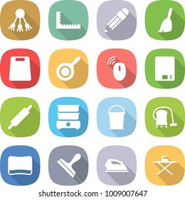 flat vector icon set - share vector, ruler, pencil, broom, cutting board, pan, wireless mouse, kitchen scales, rolling pin, double boiler, bucket, vacuum cleaner, sponge, scraper, iron