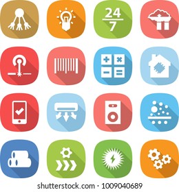 flat vector icon set - share vector, bulb, 24 7, factory filter, laser, bar code, calculator, smart house, mobile checking, air conditioning, speaker, pipes, conveyor, solar power, gears
