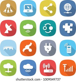flat vector icon set - share vector, notebook, molecule, globe connect, satellite antenna, cloud wireless, quantum bond, puzzle, bridge, plug, mobile phone, service, router, signal