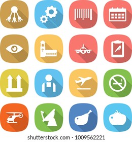 flat vector icon set - share vector, gear, bar code, calendar, eye, church, plane, clipboard pen, cargo top sign, workman, departure, no smoking, helicopter, satellite antenna, chicken leg, tomato
