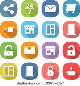 flat vector icon set - share vector, 24 7, mail, delivery, shop, window, door, unlock, package box, unlocked