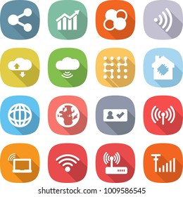 flat vector icon set - share vector, diagram, atom core, wireless, cloud service, chip, smart house, globe, check in, laptop wifi, router, antenna signal