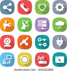 flat vector icon set - share vector, phone, hex molecule, gear, satellite, antenna, server, cloud wireless, web cam, charge particle, plug, data transfer, orbit, router, browser window