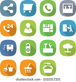 flat vector icon set - share vector, delivery, phone, tools, 24, support manager, consolidated cargo, courier, fast deliver, do not distrub, repair, cloud, bucket and broom, vacuum cleaner
