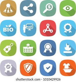 flat vector icon set - share vector, dollar magnifier, eye, bio, presentation, spinner, medal, medical label, university, flammable, shield, handle washing