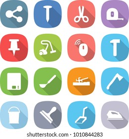 flat vector icon set - share vector, nail, scissors, measuring tape, pin, vacuum cleaner, wireless mouse, hammer, kitchen scales, ladle, soil cutter, axe, bucket, scraper, scoop, iron