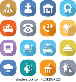 flat vector icon set - share vector, call center, warehouse, medal, ambulance car, phone, 24, trolley, atm, baggage, transfer, service bell, cloud, wiping, vacuum cleaner, brooming