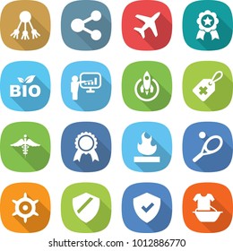 flat vector icon set - share vector, plane, medal, bio, presentation, rocket, medical label, ambulance sign, flammable, tennis, handwheel, shield, handle washing