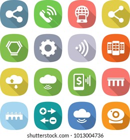 flat vector icon set - share vector, call, notebook globe, molecule, hex, gear, wireless, server, cloud service, mobile pay, bridge, charge particle, web camera