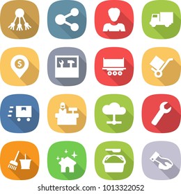 flat vector icon set - share vector, woman, truck, dollar pin, tools, shipping, trolley, fast deliver, reception, cloud, wrench, bucket and broom, house cleaning, washing powder, wiping