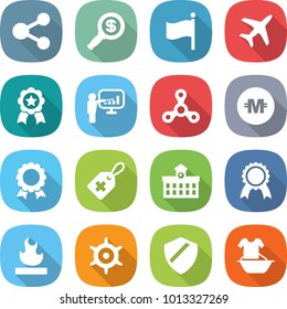 flat vector icon set - share vector, dollar magnifier, flag, plane, medal, presentation, spinner, crypto currency, medical label, university, flammable, handwheel, shield, handle washing