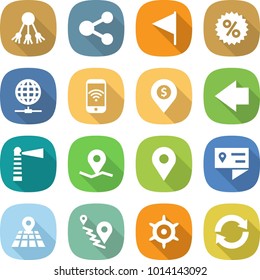 flat vector icon set - share vector, flag, percent, globe connect, phone wireless, dollar pin, left arrow, lighthouse, geo, location details, map, route, handwheel, reload