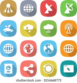 flat vector icon set - share vector, globe, satellite antenna, eco car, cloud service, wireless, earth, passport, orbit, browser window