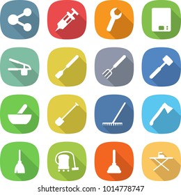 flat vector icon set - share vector, syringe, wrench, kitchen scales, garlic clasp, spatula, big fork, meat hammer, mortar, shovel, rake, axe, broom, vacuum cleaner, plunger, iron board