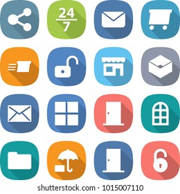flat vector icon set - share vector, 24 7, mail, delivery, unlock, shop, box, window, door, arch, documents, insurance