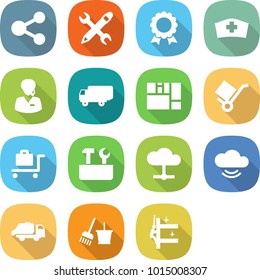 flat vector icon set - share vector, pencil wrench, medal, medical hat, support manager, shipping, consolidated cargo, trolley, baggage, repair tools, cloud, service, trash truck, bucket and broom