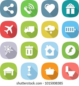 flat vector icon set - share vector, call, heart, gift, plane, truck, cloud service, battery, bang, bin, smart house, electricity, garage, laser, pan, toilet