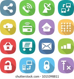 flat vector icon set - share vector, call, satellite antenna, notebook connect, cloud service, tap to pay, wireless home, chip, delete cart, delivery, mail, sorting, unlocked, data transfer, lock