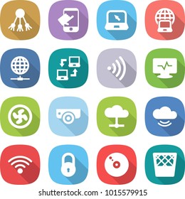 flat vector icon set - share vector, touch, notebook, globe, connect, wireless, monitor pulse, cooler fan, surveillance camera, cloud, service, lock, cd, trash bin