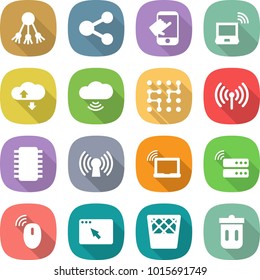 flat vector icon set - share vector, touch, notebook wireless, cloud service, chip, antenna, laptop wifi, server, mouse, browser window, trash bin