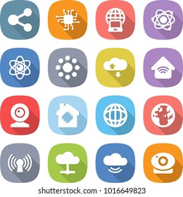flat vector icon set - share vector, chip, notebook globe, atom, round around, cloud service, wireless home, web cam, smart house, antenna, camera