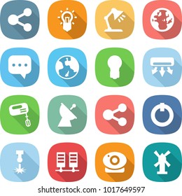 flat vector icon set - share vector, bulb, table lamp, globe, sms, earth, air conditioning, mixer, satellite antenna, on off button, laser, server, web camera, windmill
