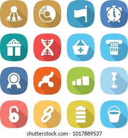 flat vector icon set - share vector, circle diagram, flag, alarm clock, gift, dna, add to basket, column, medal, satellite, sorting, laser, unlock, link, battery, bucket
